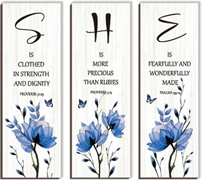 DONFENTHY 3 Pieces Inspirational Blue Floral Wall Decor Wooden Hanging Wall Art Christian Quotes SHE Word Sign Gift for Girl Teen Women Bedroom Bathroom Living Room Nursery Office (Blue 12x4 Inch)