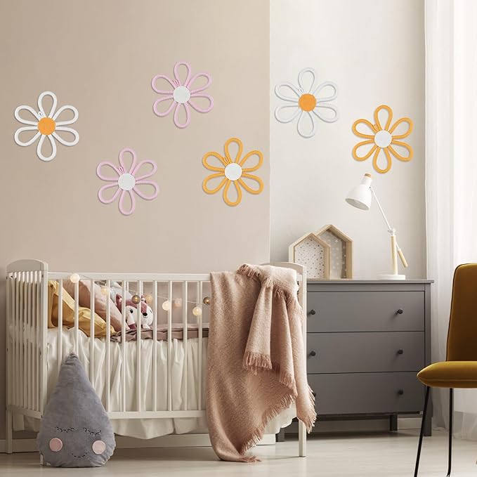 6 Pcs Boho Nursery Daisy Wall Decor, Woven Flowers Wall Hanging Art - Orange Pink and White Boho Floral Room Decor with Lanyard for Office Toddler Baby Little Girls Kids Home Bedroom Above Bed Decor