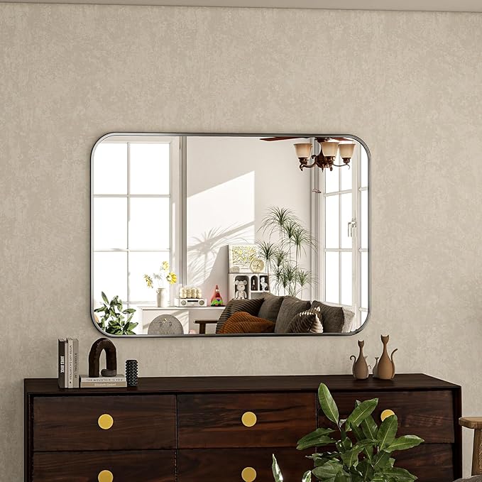 26x38 Inch Bathroom Mirror - Wall Mounted Vanity Mirror with Round Corner Aluminum Alloy Frame, Hanging Horizontally Vertically for Living Room, Bedroom, Hallway as Home Decor, Black