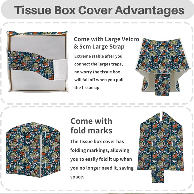 Tissue Box Cover, Tissue Box Holder, Square with Belt Bottom, PU Leather Decorative Organizer for Desk, Tabletop, Countertop Bathroom, Toilet Car, Office, Bedside, Kitchen, Deer Tree Flower Decor