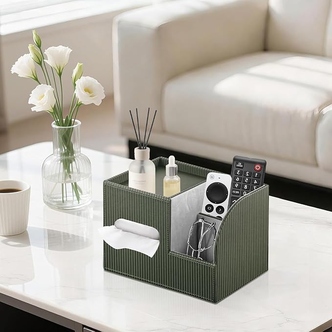 Fanousy Modern PU Leather Cube Tissue Box Cover with Storage Tray, Multifunctional Remote Control Holder & Facial Tissue Dispenser Organizer for Nightstand, Bathroom, Bedroom, Office & Home Decor
