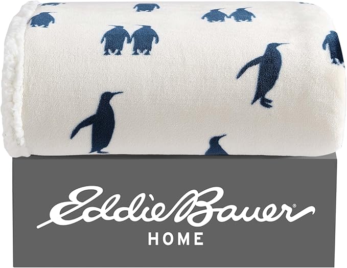 Eddie Bauer - Throw Blanket, Brushed Fleece & Plush Sherpa Bedding, Blanket for Couch & Bed (Emperor Penguin Blue, 50" x 60")
