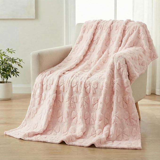 Horaldaily Valentine Bow Blanket Throw, Pink Bow Soft Fuzzy Plush Faux Fur Cozy Blankets for Couch Sofa Bed Lounging, Ideal Gifts for Kids Adults Wife Self, 60x80