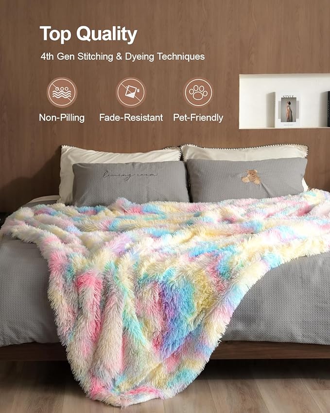 Pawque Faux Fur Sherpa Fleece Blanket Twin Size Rainbow - Fluffy Warm Plush Blankets for Bed, Cozy Thick Lightweight Reversible Decor for Winter Sofa Couch, 60x80 inches