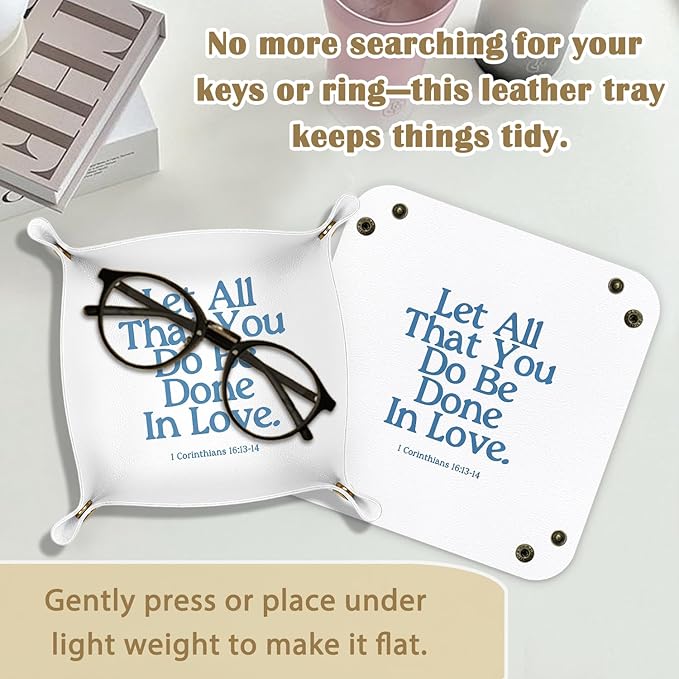 Christian Gifts Leather Jewelry Valet Tray,Faith Based Gifts,Bible Verse PU Leather Catchall Beside Caddy Nightstand Organizer Tray for Jewelry Rings Watches Keys and Accessories, 7.8x7.8inch