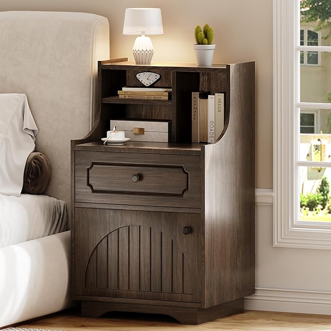 4ever2buy Farmhouse Night Stand with Storage Hutch for Bedroom Engineered Wood Bedside Table with Drawer 30.31 inch Tall Nightstand End Table Dark Oak