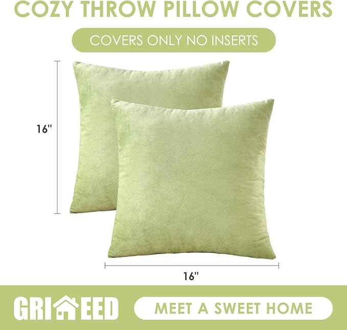 Throw Pillow Covers Sage Green Set of 2 16x16 Inch Pillow Covers, Soft Velvet Decorative Pillowcases for Couch Sofa Bed, Home Boho Decor, Modern Farmhouse Cushion Covers