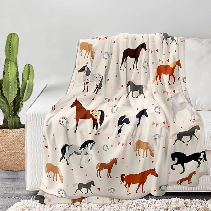 Horse Blanket, Soft Warm Fuzzy Fleece Plush Blanket 60''x50'', Smooth Cozy Flannel Throw Blanket for Bed/Couch/Office/Camping