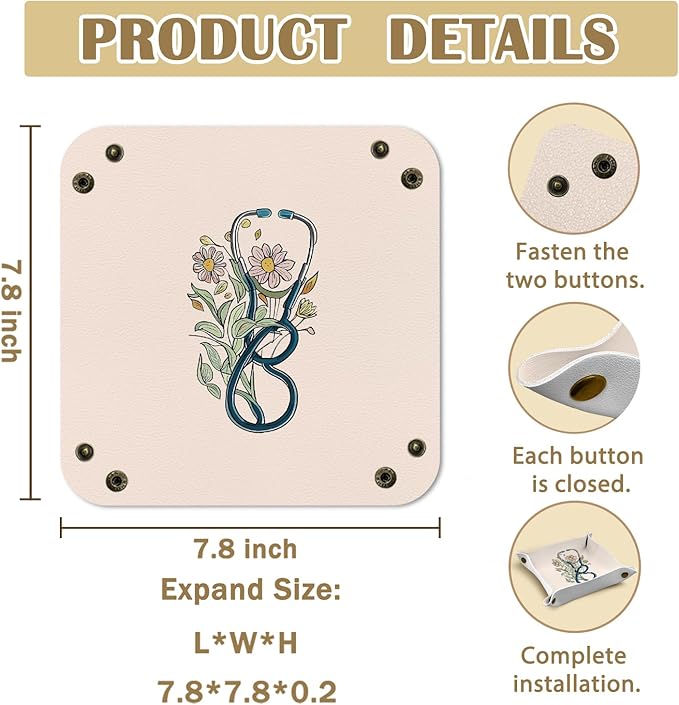 Nurse Gifts for Women,Graduation Gifts for Her, Nursing Student or Practitioner, for Nurse Week or Day,Valet Tray PU Leather Catchall Tray,Jewelry, Keys,and Accessories Organizer 7.87x7.87