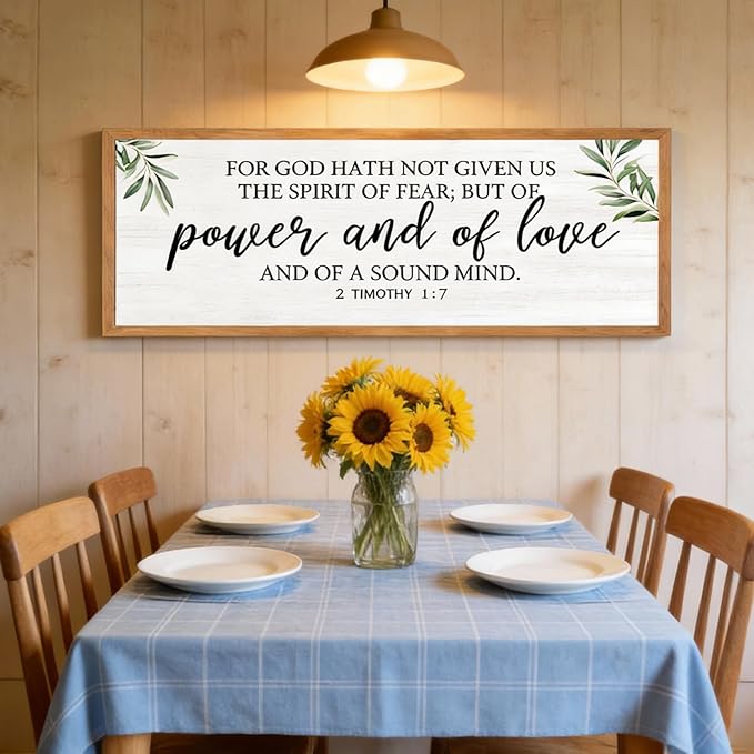 For God Hath Not Given Us the Spirit of Fear Wall Art – 40x15 Inch Framed Bible Verse Decor, 2 Timothy 1:7 Christian Wall Decor, Large Scripture Wall Art for Living Room Bedroom, Natural