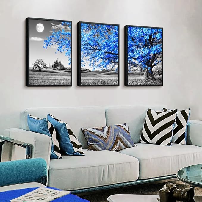 Black Framed Wall Art For Living Room Wall Decoration For Bedroom Black And White Wall Pictures Large Size Wall Decor Blue Tree Wall Painting Modern Home Decor 20"X28" Set Of 3 Piece Framed Art Prints