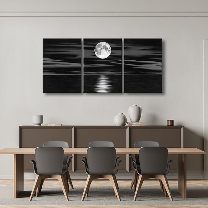 Wieco Art 3 Panel Sea White Full Moon in Night Canvas Print Wall Art Black and White Ocean Beach for Living Room Bedroom Kitchen Home Decorations Modern Abstract Artwork