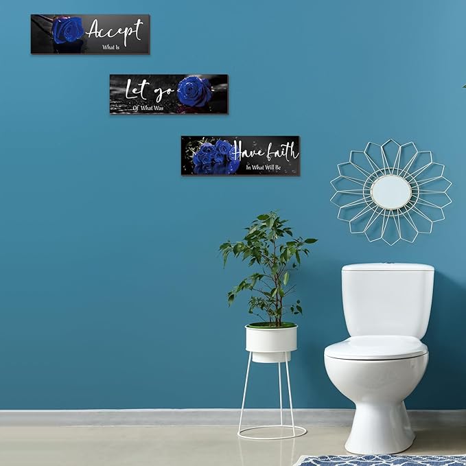ZINYAZHE 3 Pcs Blue Wall Decor Inspirational Blue Rose Bathroom Wooden Wall Art Office Decor With Accept Let Go Have Faith Quotes For Girl Women Bathroom Bedroom(16 X 5Inch)