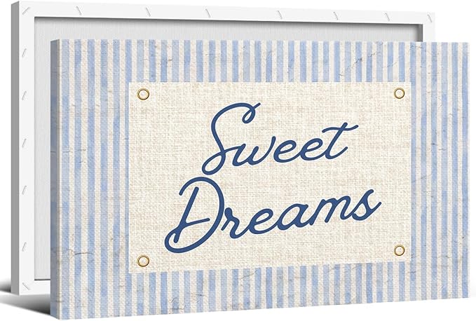 Sweet Dreams Canvas Wall Art, Navy Blue Stripes Positive Quote Poster, Sweety Daily Reminder Above Bed Wall Decor, Modern Inspiring Uplifting Typography Print for Bedroom 8x12in Wrapped Canvas