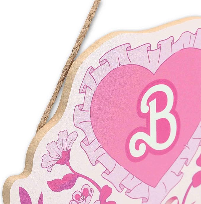 Mattel Barbie Pink Floral Heart Hanging Wood Wall Decor - Nostalgic Barbie Sign with B Monogram and Ruffle Trim