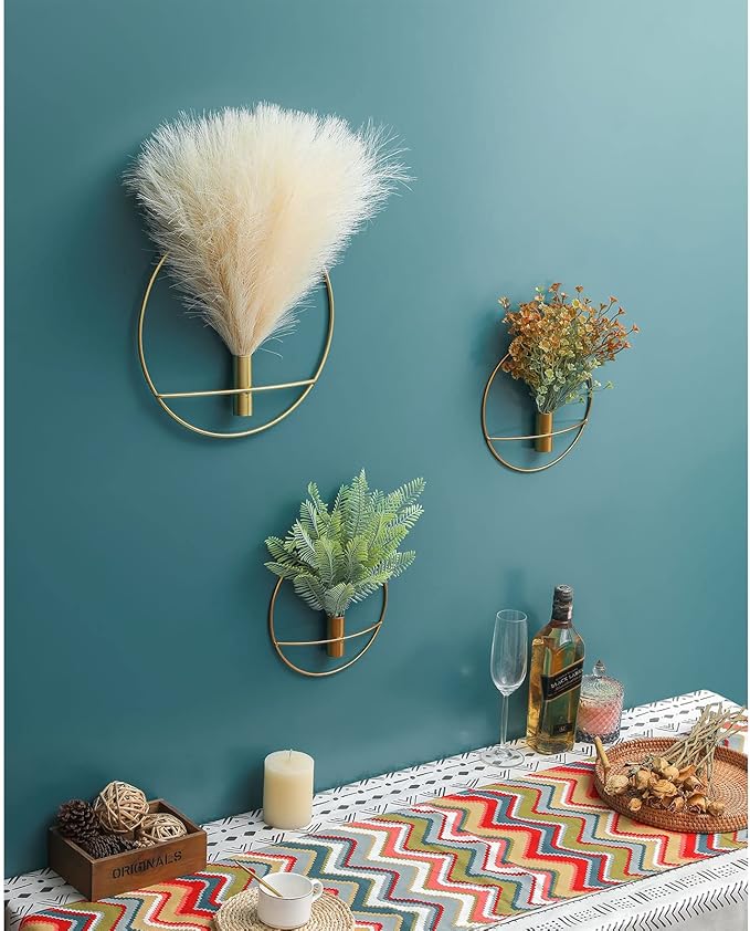 Pretty Jolly Boho Wall Decor, Large Wall-Mounted Metal Wall Decor, Hanging Artificial Pampas Display, Wall Art Living Room, Bedroom, Bathroom, Dining room, 2 Pack Gold Gray