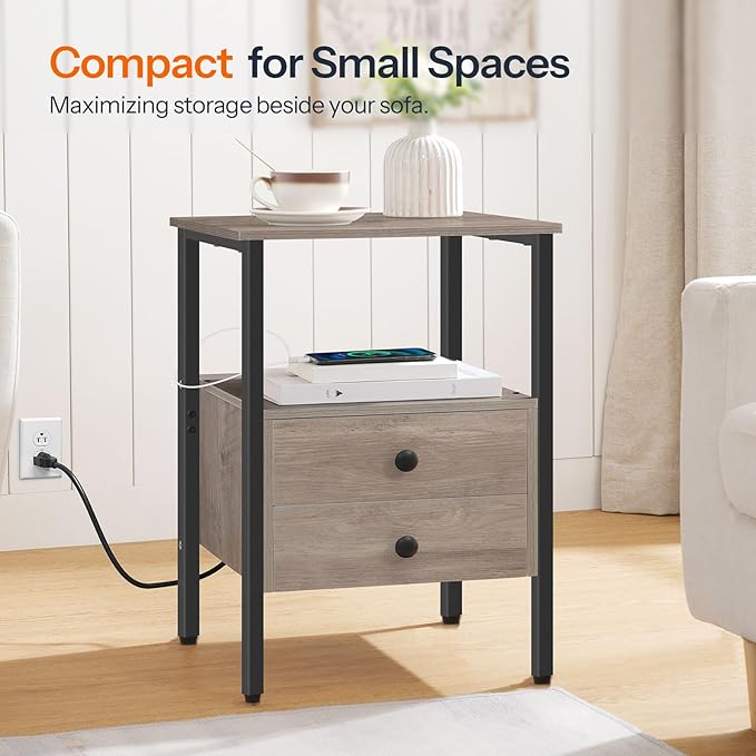 HOOBRO End Table with Charging Station, Bedside Table with 2 Drawer & USB Port & Type-C Port, Nightstand for Small Spaces, Stable and Sturdy, for Living Room, Greige and Black BG43UBZ01