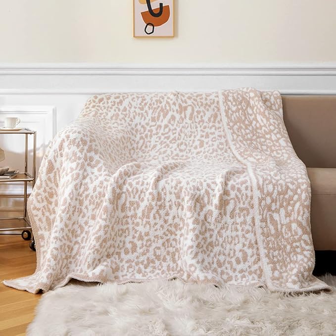 MH MYLUNE HOME Large Soft Micro Plush Leopard Blanket (71x78 inches, Khaki) Warm Reversible Cheetah Blanket Leopard Pattern Throw for Couch Bed Sofa