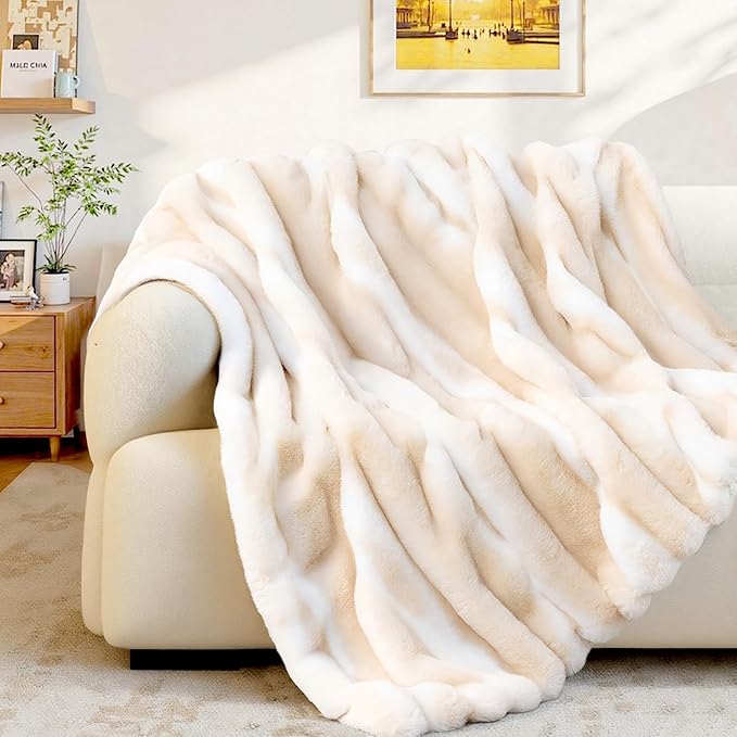 Faux Rabbit Fur Throw Blanket – 850GSM Thick & Warm, Ultra Soft Plush Blanket for Couch, Bed, Sofa, Ideal Gift for Women, 60" × 80", Beige