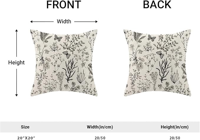 AEIOAE Spring Pillow Covers 20x20 Inch Set of 2,Black Gray Wild Flower Plant Throw Pillows Case,Seasonal Floral Outdoor Decorative Square Linen Farmhouse Decor Cushion Covers for Home Sofa Bed Couch