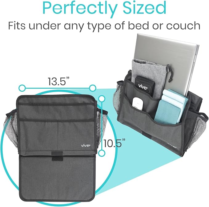 Vive Bedside Caddy - Bed Hanging Organizer - Storage Bag Shelf for College Dorm, Bedroom, Couch, Bunk - 8 Large Pockets with Charger Slots for Men and Women - Slides Under Mattress - Handle for Travel