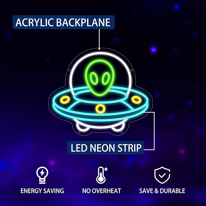 UFO Neon Sign, Alien Neon Signs for Wall Decor, UFO ET Dimmable Neon Light for Bedroom, Game Room, Kids Room, Bar Decoration, USB Powered Light Up Signs for Party Decor