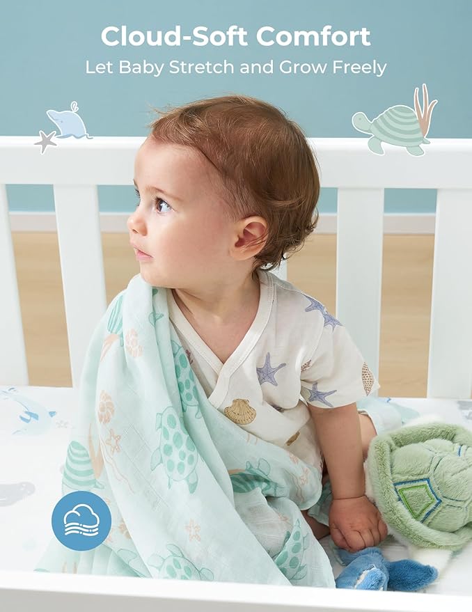 Momcozy Muslin Swaddle Blankets, 4-Pack Breathable and Skin-Friendly Receiving Blankets, Best Wishes Swaddle Blanket Shower Gifts & Baby Registry Essentials, Large 47"x47", Ocean Pixie Dream