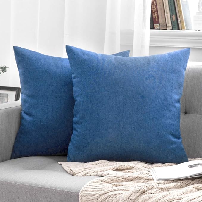 MIULEE Pack of 2 Decorative Outdoor Solid Waterproof Throw Pillow Covers Euro Sham Faux Linen Garden Farmhouse Coastal Cushion Cases for Summer Patio Tent Balcony Couch Sofa 22x22 Inch Blue