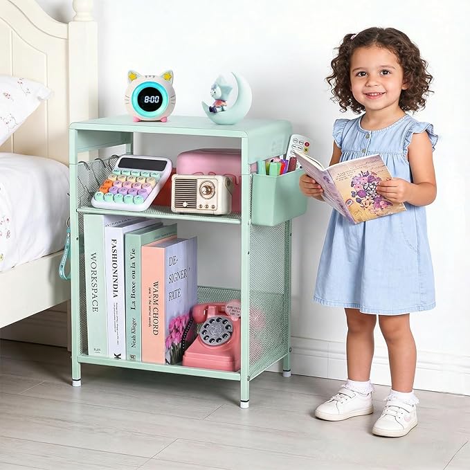 Kids Nightstand, 3-Tier Metal Side Table with Adjustable Storage Shelf, Basket & 3 S-Hooks, Small Bedside Table for Nursery, Toddler Bedroom and Small Spaces (Green)