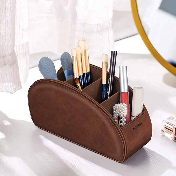 Remote Control Holder with 5 Compartments, KENOBEE Anti-slip Desktop Caddy Storage Organizer for Remote Controllers, Office Supplies, Makeup Brush, Media Accessories, Brown