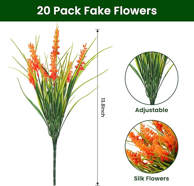 20 Bundles Artificial Plants Outdoor, UV Resistant Fake Flowers, Realistic Faux Lavender Shrubs for Porch Garden Window Box Home Decoration (Orange)
