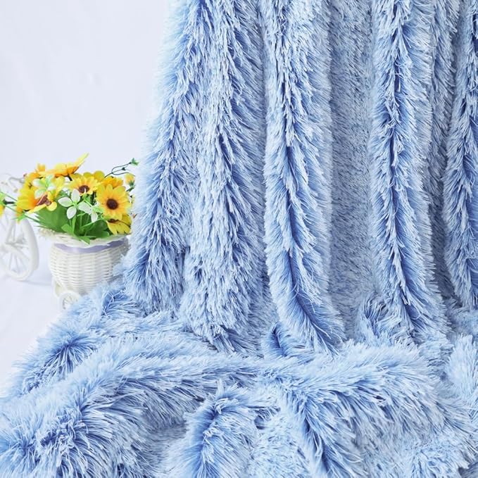 Plush Super Soft Blanket Bedding Sofa Cover Furry Fuzzy Fur Warm Throw Qulit Cozy Couch Blanket for Winter (63"x79",Blue and White)