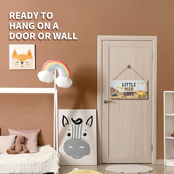 ZIEYOMI- Little Man Cave Sign Boys Room Decor, Construction Bedroom Decor Hanging Wall Art, Wooden Plaque Decorations for Nursery Boys Kids Toddler Playroom Living Room