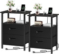 Vagusicc Nightstand Set of 2 with Charging Station, Bedside Table with Outlet & USB Ports, Black Night Stand with Fabric Drawers, 24.2" Tall Bed Side Table End Table with Open Shelf for Bedroom, Black