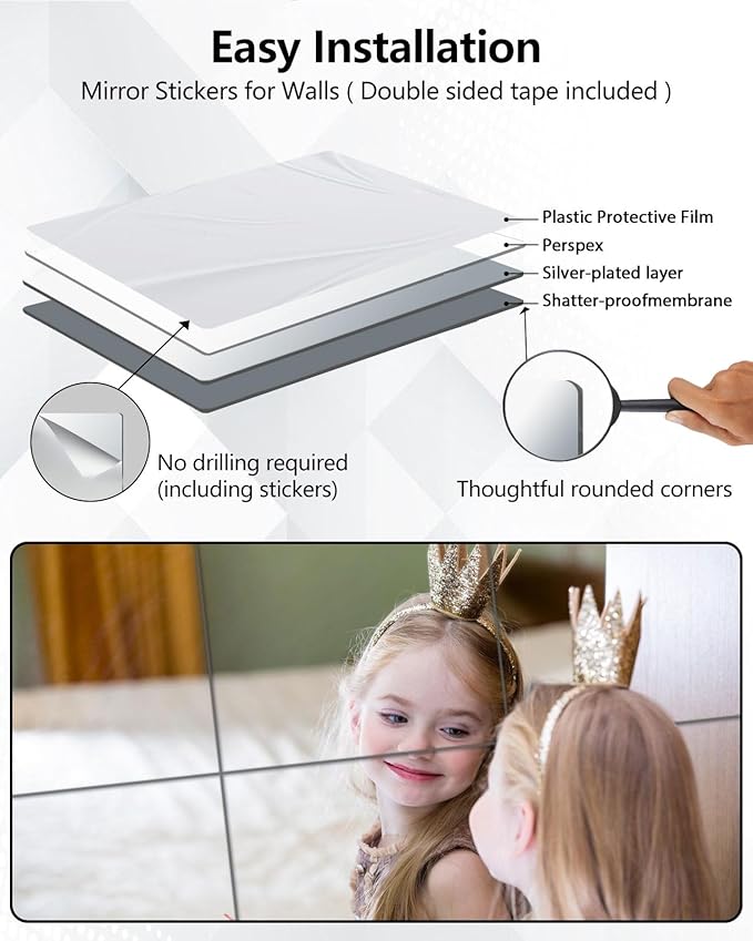 Unbreakable Mirror Tiles, 4PCS 16”x12” Peel And Stick on Mirror for Wall Mirrors Decorative, Toddlers for Kids Bedroom, Plastic Gym Frameless Door Small Adhesive Mirrors for Classroom Decor Stickers