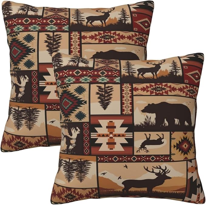 Rustic Wildlife Geometric Bear Throw Pillows Covers Set of 2 18x18 Inch, Retro Brown Bear Moose Decorative Throw Pillowcases, Vintage Pillowcovers for Sofa Living Room Couch Bedroom Cabin Spring Decor