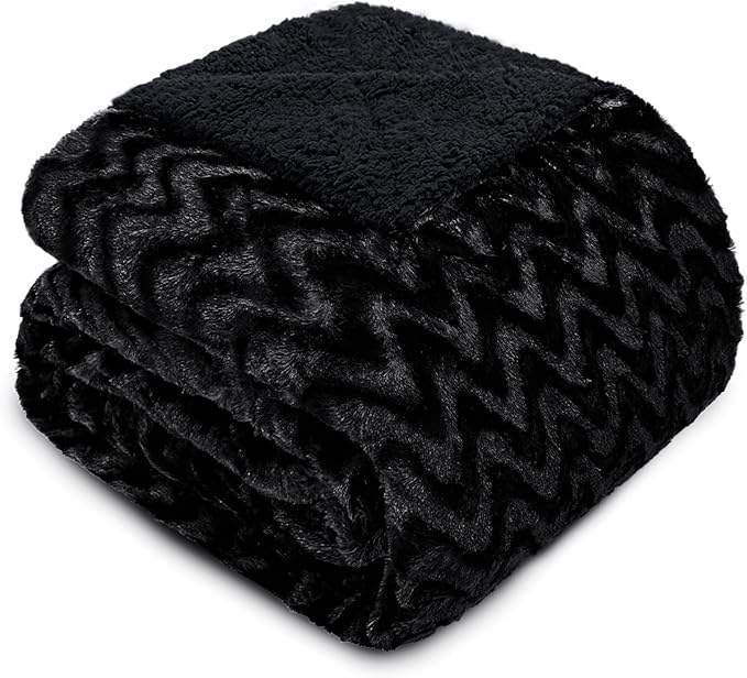 Whale Flotilla Faux Fur Sherpa Throw Blanket for Couch Sofa, Cozy Reversible Fuzzy Fluffy Plush Throws for All Season, Warm and Soft, 50x60 Inch, Black