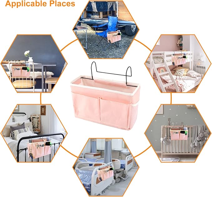 Surblue Bedside Caddy Bedside Storage Bag Hanging Organizer for Bunk, Hospital Beds, Dorm Rooms Bed Rails Camp 4 Pockets and 2 Hooks (Pink)