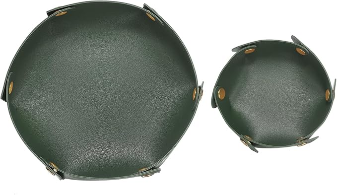 HARFINGTON 2pcs PU Leather Valet Tray Unisex Valet Tray Folding Round Catchall Tray Portable Entryway Table Tray Nightstand Bedside Desk Tray for Key Watch Coin Jewelry Dice, Dark Green