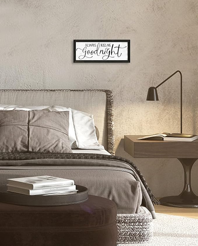 Always Kiss Me Goodnight Wall Sign: Master Bedroom Wall Decor Above Bed Framed Aesthetic Farmhouse Bedroom Decor for Couples Rustic Family Sign Minimalist Wall Art Wall Plaques 6" x 14.5"