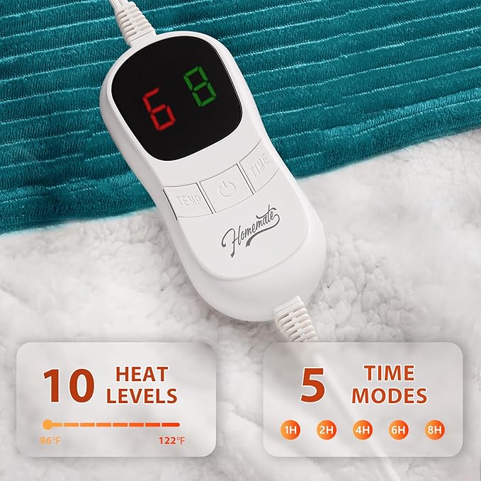 Homemate Heated Blanket Electric Throw - 50"x60" Heating Blanket Throw 1/2/4/6/8 Hours Auto-Off 10 Heat Levels Over-Heat Protection Soft Flannel Sherpa ETL Certification