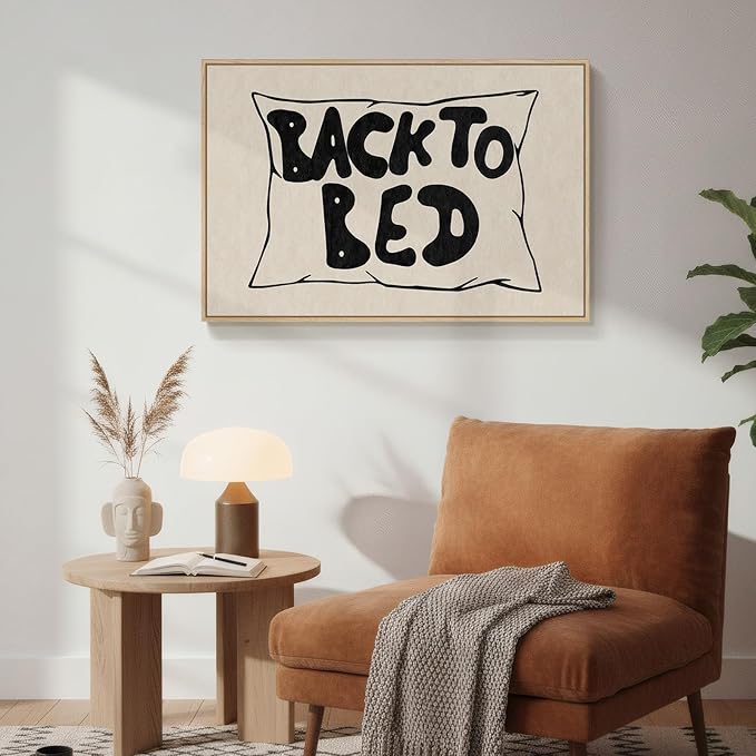 Framed Bedroom Wall Art for Room Wall Decor, Large Back to Bed Typography Canvas Artwork for Walls, Funny Quote Black and White Picture Print for Nursery Guest Room Hallway Wall Decor, 24x36 Inch