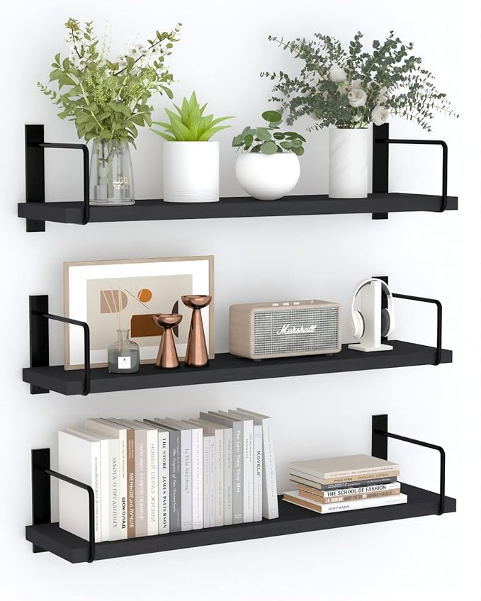 Floating Shelves - 24 Inch Wall Mounted Set of 3, Rustic Wood Storage Shelves for Living Room (Black)