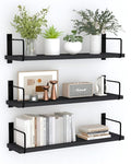 Floating Shelves - 24 Inch Wall Mounted Set of 3, Rustic Wood Storage Shelves for Living Room (Black)
