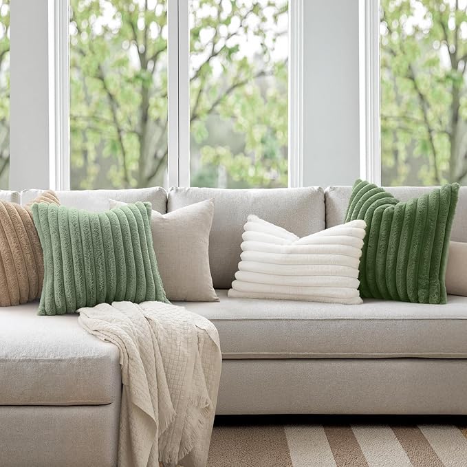 MIULEE Faux Fur Large Decorative Throw Pillow Covers 24x24 Inch Set of 2, Modern Spring Home Decor Soft Plush Couch Pillows Cozy Fluffy Cushion Covers for Sofa Bed Sage Green