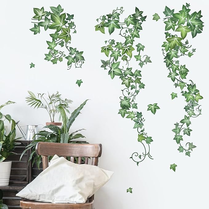 decalmile Green Vine Leaves Wall Decals Hanging Evergreen Ivy Plants Wall Stickers Living Room Bedroom Office Wall Decor