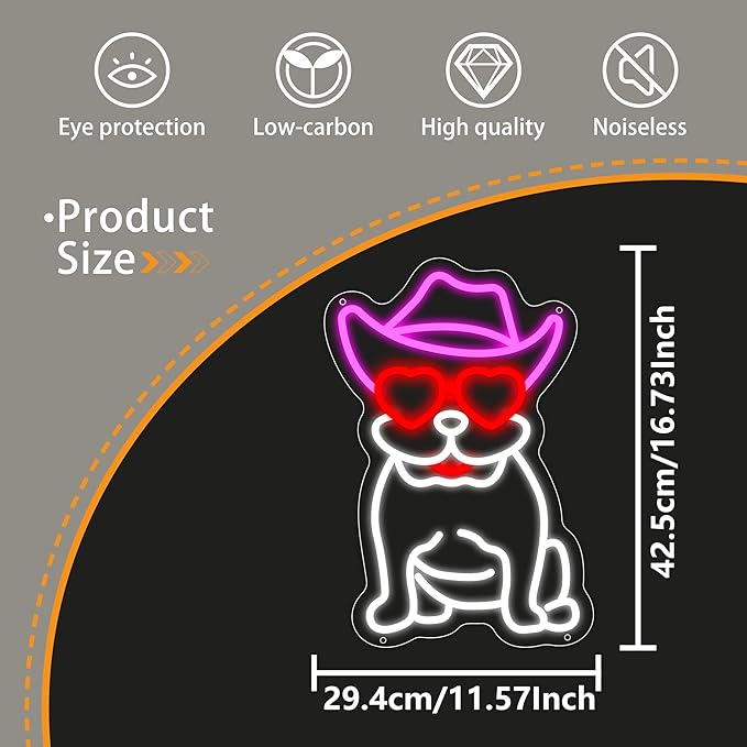Cowboy French Bulldog Neon Sign, French Bulldog LED Sign for Wall Decor, Cute Cowboy Dog Led Light Sign for Pet Shop, Bedroom, Home Wall Decor, Party Decor, Gift for Dog Lover and Bulldog Fans
