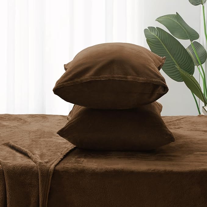 BEDELITE Flannel Sheets Queen Size Brown - Super Soft Fleece Sheets Set Fluffy Extra Plush, 4 Piece(Include Fitted Sheet, Flat Sheet, 2 Pillowcases)