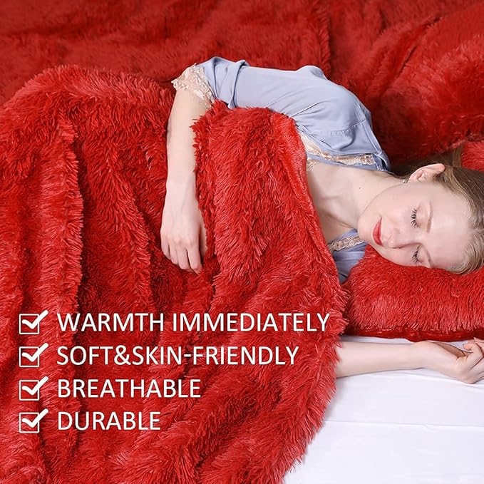 YUSOKI Long Faux Fur Twin Size Blanket,2 Layers,3.4lb for Bed Couch Home Décor Gifts Women (Red,60" x 80")