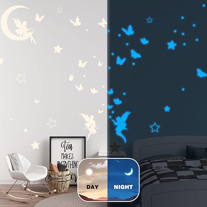 Fantasy Fairy Wall Decal Sticker Glow in The Dark, Girl Bedroom Moon Butterfly Luminous Decoration, Peel and Stick Star Decor for Ceiling